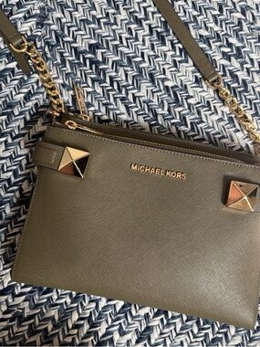 MICHAEL KORS Olive Green Saffiano Crossbody with Gold Accents